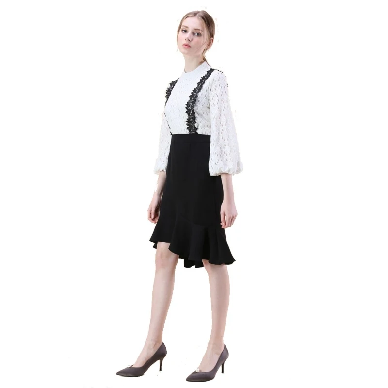 Misskoko Women Floral Lace Strap Solid Black Fishtail Skirt Office Lady High Low Frills Waist Bodycon | Женская одежда