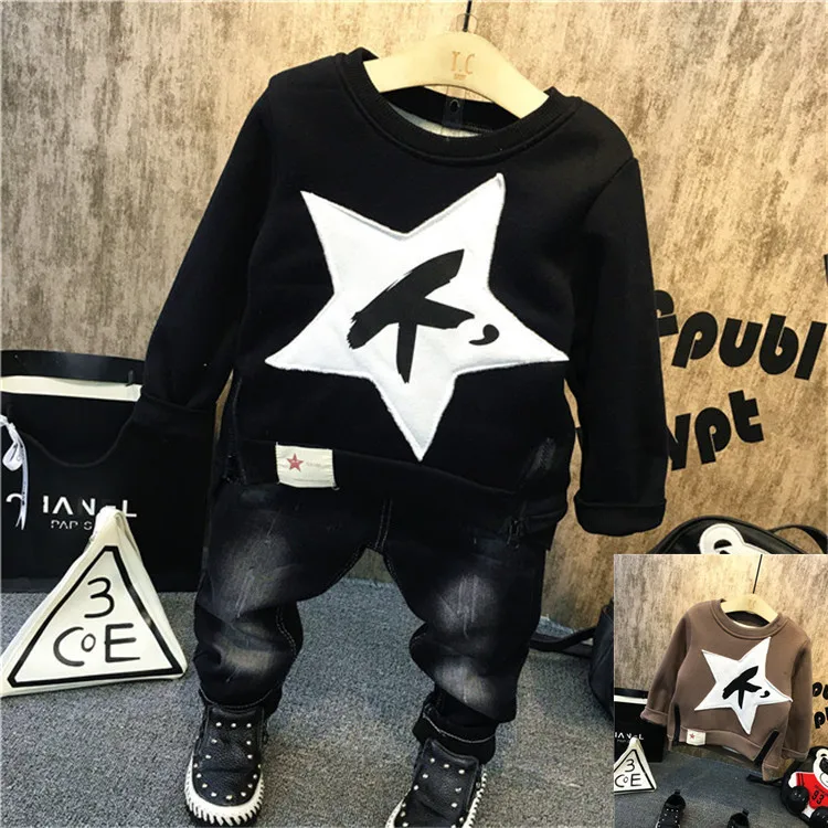 

Детский спортивный костюм для мальчиков, комплект из двух предметов: пуловер с принтом и джинсы, Осень-зима 2018