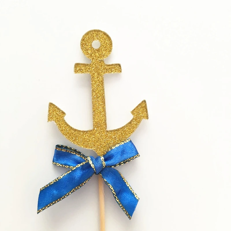 Блестящий Золотой с синим бантом морской якорь моряк кекс Topper стикеры тематики