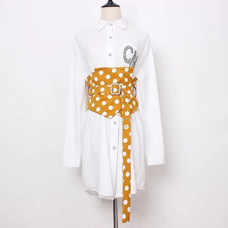 Vintage Dot Print Cummerbund Women Fashion Bandage Bow Chain Wide Belts for Women Pearl Buckle Belt Women's Clothing Accessories