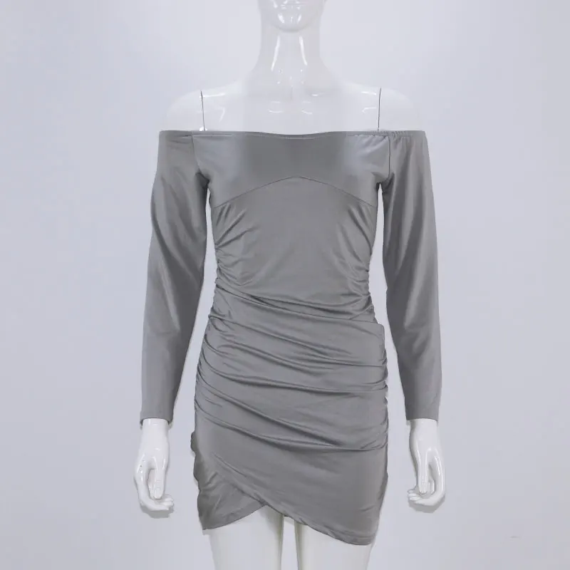 2018 BKLD Long Sleeve Mini Dress Womens Autumn Winter Dresses Women Sexy Party Black Pink Grey Off the shoulder Bodycon | Женская одежда
