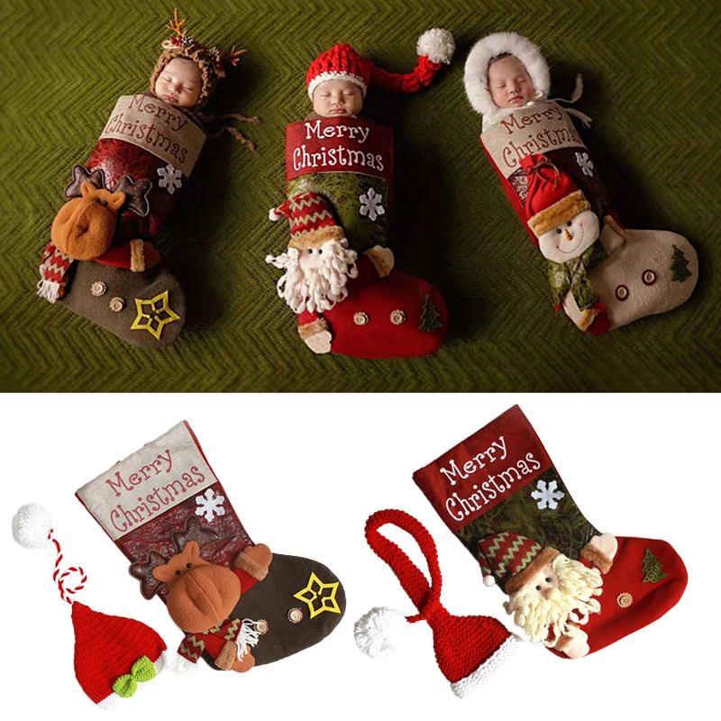 Christmas Stocking Kits Baby Sleeping Bag Photo Props Costume Santa Snowman Reindeer Xmas Character 3D Holiday Gift Bag With Hat