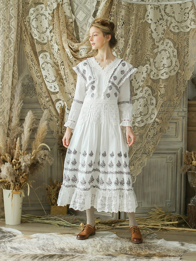 

LYNETTE'S CHINOISERIE Spring Autumn New Original Design Women Slim Victoria Vintage Mori Girls Embroidery Cotton Linen Dresses