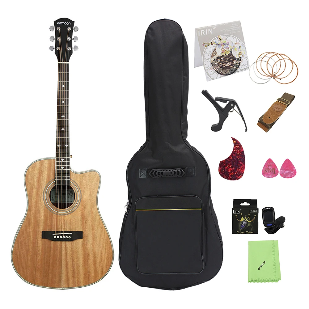 

ammoon 41" Acoustic Guitar Cutaway Folk Guitar Rosewood Fingerboard with Gig Bag Capo Tuner Cleaning Cloth Strings Guitar Strap