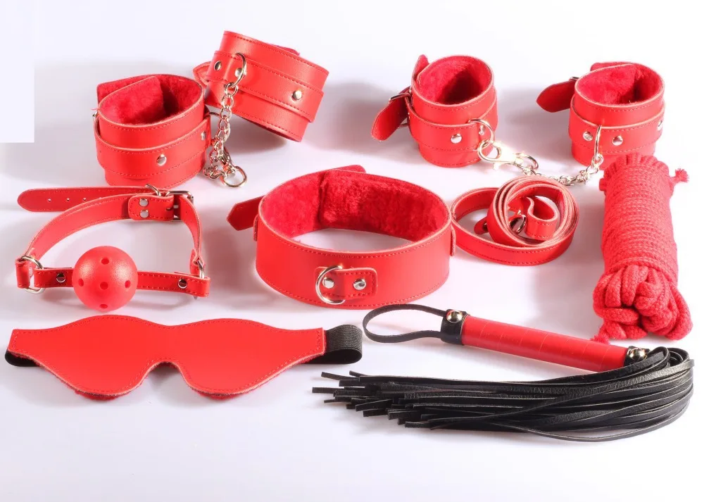 7 pieces in 1 lot, New Restrain kit: hand cuffs, ankle cuffs, leather flogger, collar, gag, paddle cotton rope Novelty product