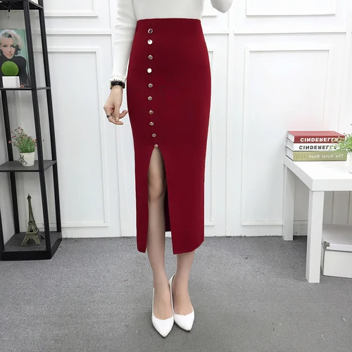burgundy buttons Весенняя длинная трикотажная юбка с разрезом на бедрах, посылка с боковыми пуговицами, OL, Длинная вязаная Осенняя юбка, бордовая, зеленая, хаки - Цвет: burgundy buttons
