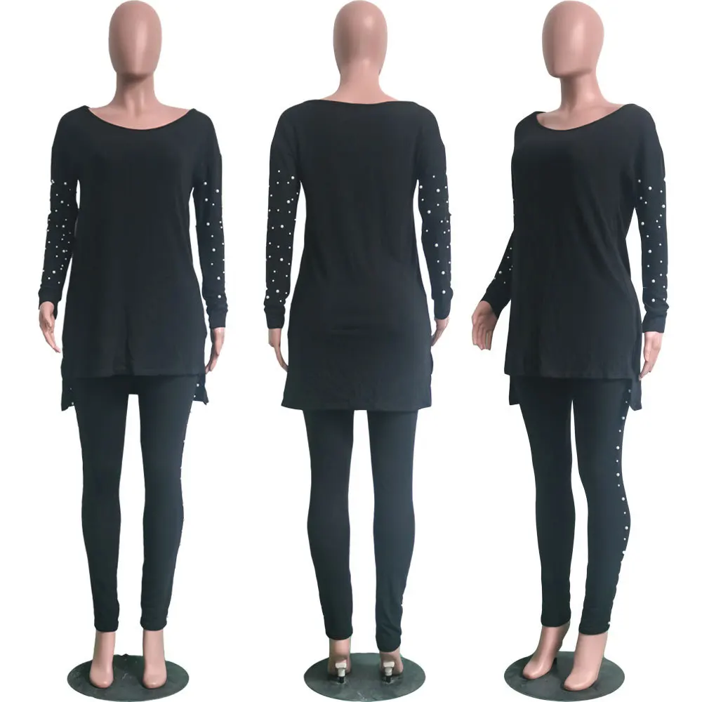 

Hot Sale Beads 2 Piece Sets Women Casual Loose Two Piece Outfits Autumn Sweat Suits Female Winter Top+Pants Sweater Suit Clothes