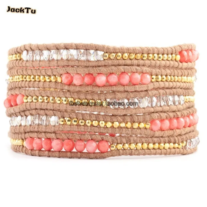 

fashion coral and crystal combine gold laser beads leather bracelet