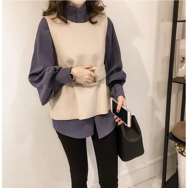 Plus Size New Women Tow Piece Sets Korean Style Sleeveless Vest And Lantern Sleeve Shirt Suits Sashes Casual Loose Outfits | Женская