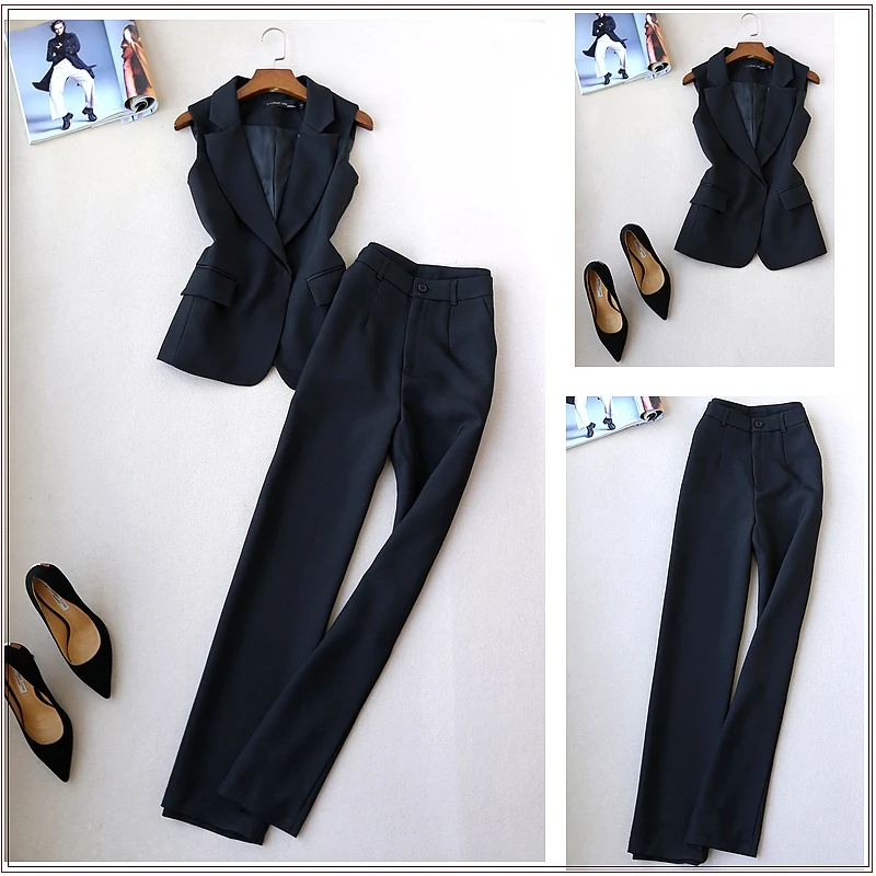 2 piece outfits for women new women's slim fashion suit female sleeveless suit vest wide leg pants trousers two sets