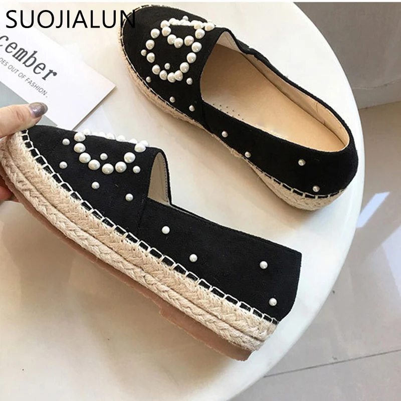 SUOJIALUN/; Модные женские лоферы с жемчугом; обувь на плоской подошве в рыбацком стиле из тростниковой пеньковой соломы; удобная повседневная обувь на плоской подошве с круглым носком без застежки