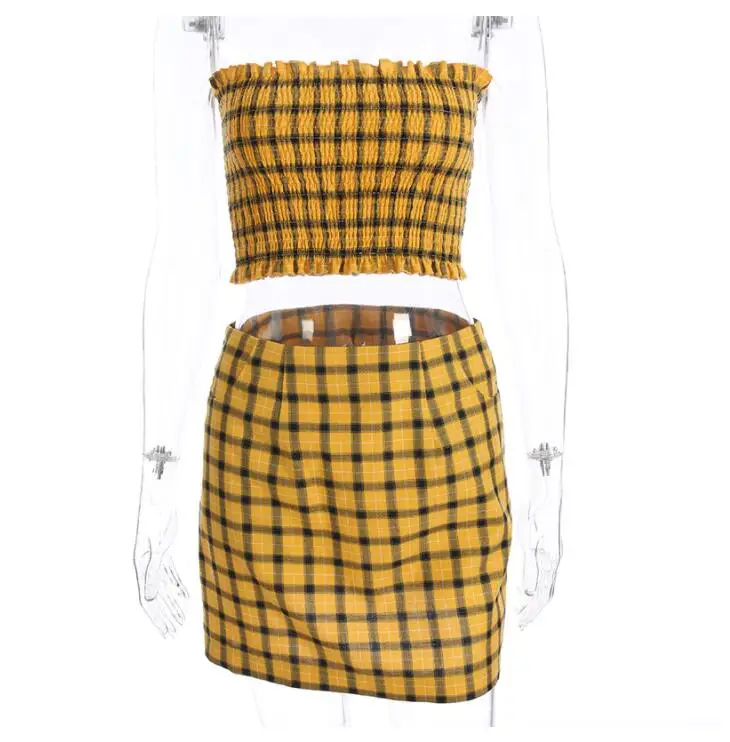 2018 Summer Plaid Print Top + Zipper Skirt Two Piece Sets | Женская одежда
