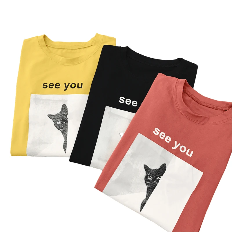 Cute Cat Letter Cartoon Print Funny T Shirts Women 2018 O-neck Short Sleeve Casual Summer Tops Femme Streetwear | Женская одежда