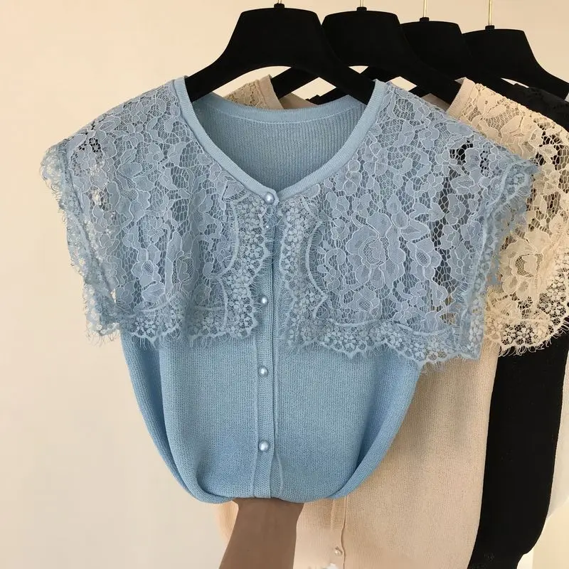 ALPHALMODA Летний Женский вязаный кардиган с кружевным воротником, однобортный кружевной кардиган в стиле пэчворк, милая Повседневная летняя одежда
