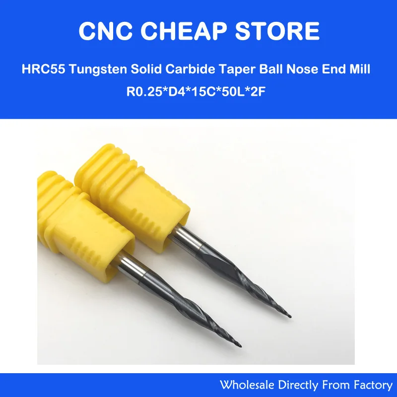 

Free shipping-2PCS R0.25*D4*15*50L*2F HRC55 Tungsten solid carbide Coated Tapered Ball Nose End Mills taper and cone endmills