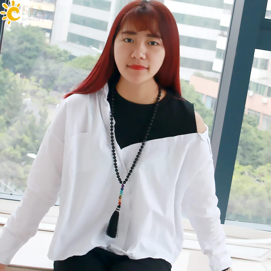 CSJA натуральный камень черный вулканическая лава бусы длинное ожерелье 7 Чакра