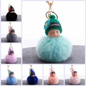 Брелок для ключей в виде спящей куклы, цветочный помпон, помпон из кроличьего меха, пушистый брелок для автомобиля