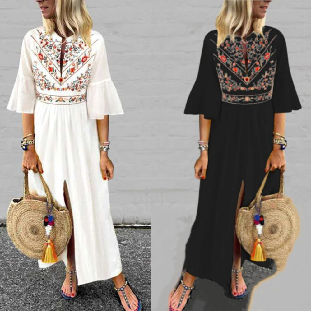 Summer Dress Mid-Sleeve Printed Splicing A-line Casual Elegant Dresses Cotton Ruffle Sleeve V Neck European American White Black | Женская