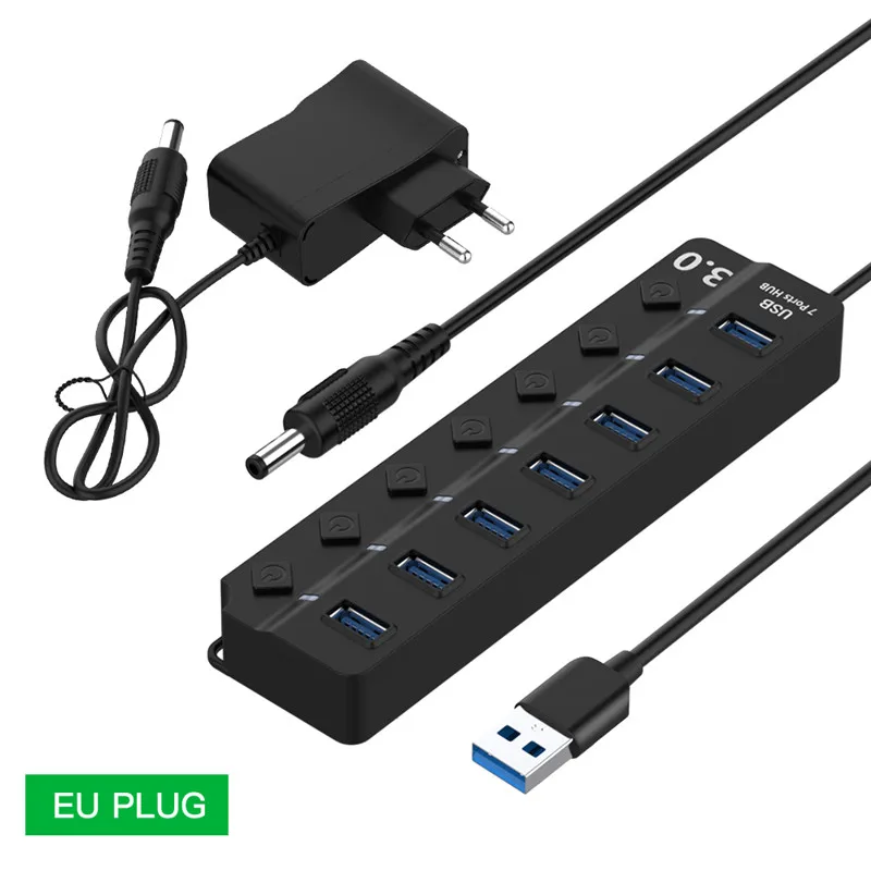 7 Ports EU Plug Высокая скорость USB 3,0 концентратор 4/7 порт USB3.0 HUB разветвитель на/выключение светодиодного индикатора С EU/US адаптер питания для ноутбука MacBook PC - Цвет: 7 Ports EU Plug
