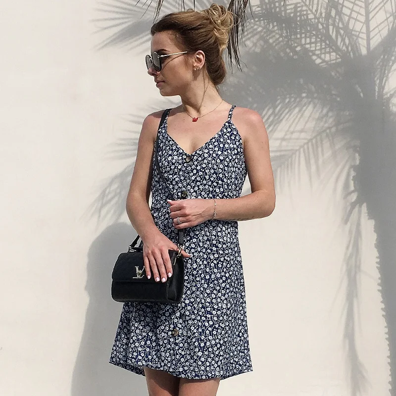 Women's V Neck Summer Spaghetti Strap Striped Polka Dot Floral Printed Button Down Swing Mini Back Bowknot Dress 2018 | Женская