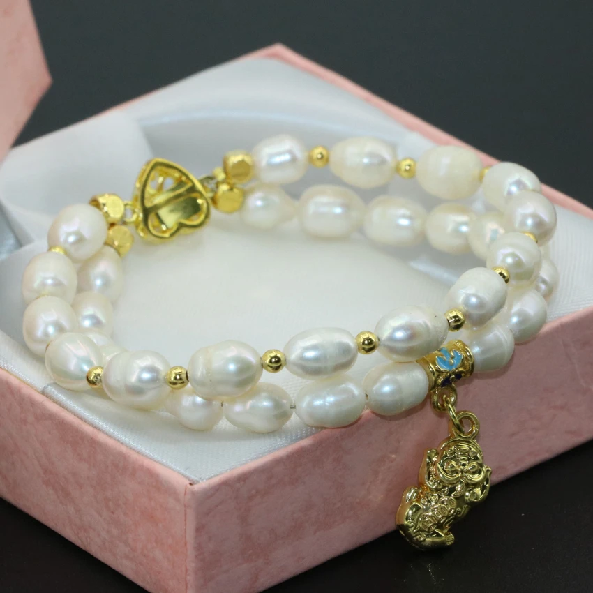 Free shipping top quality 7-8mm white natural freshwater cultured barrel rice pearl two rows clasp bracelets jewelry 8inch B2759 | Украшения