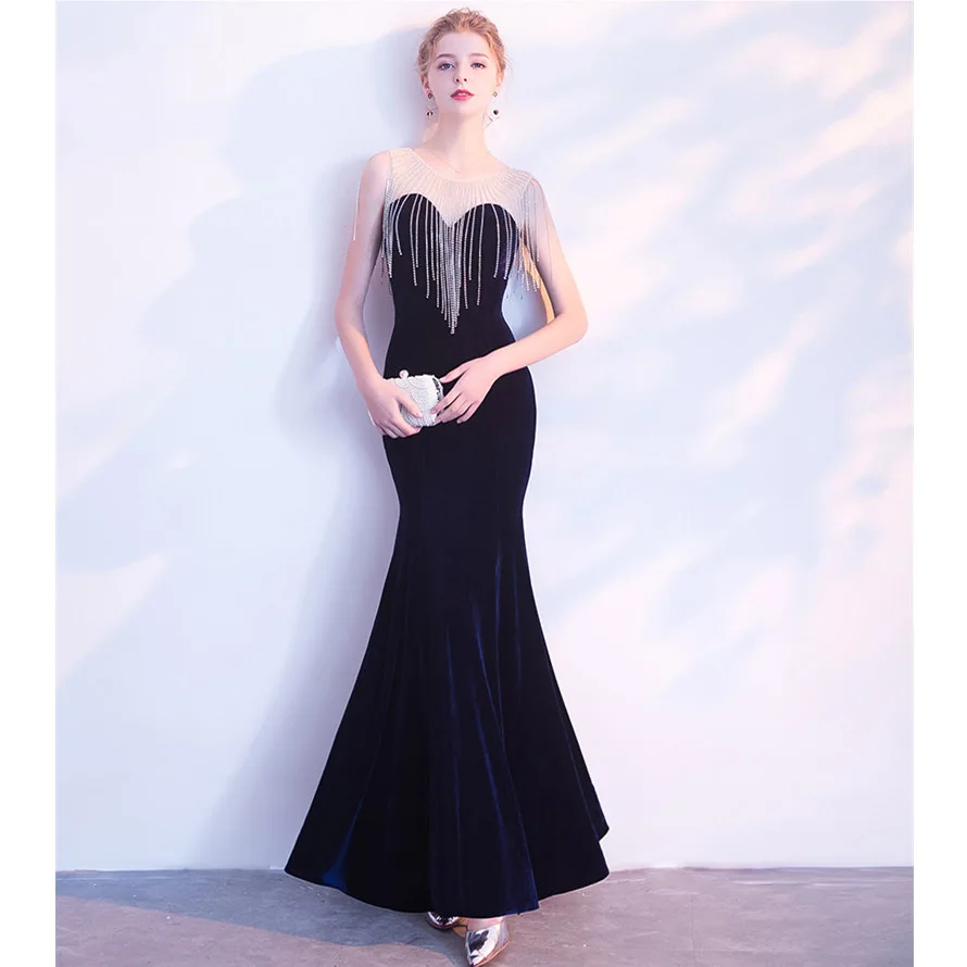 CEEWHY Navy Blue Velour Vestido de Festa Avondjurk Crystal Evening Dress Long Prom Formal Gowns Mermaid | Свадьбы и торжества
