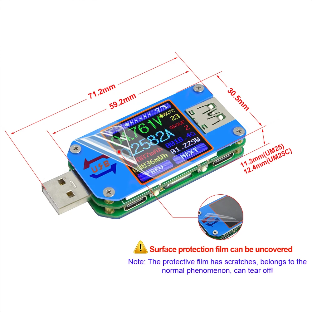 RD UM25C/ UM25 USB 2 0 Type- C цветной ЖК-тестер напряжения измеритель тока Вольтметр