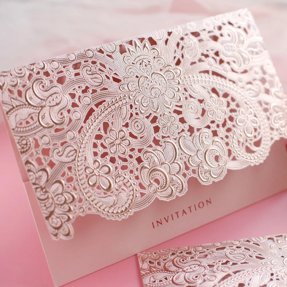 Pink/Red/Gold Wedding Cards for Guests with Free Print Gift Card Elegant Laser Cut Invitations Paper 50pcs | Дом и сад