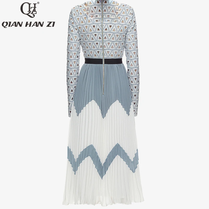 

Qian Han Zi Fashion Designer Runway Midi Dress Summer Women Stand collar Long sleeve Hollow Out Patchwork Pleated Casual Dress