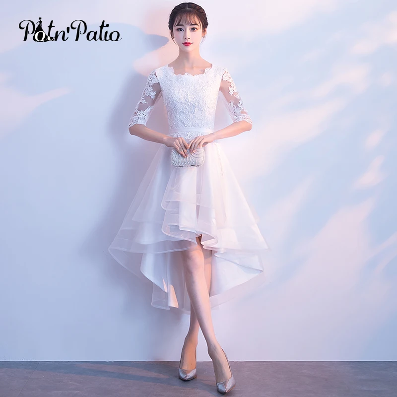 Белое длинное платье, элегантное платье с круглым вырезом, короткое спереди и длинное сзади, кружевное платье для выпускного вечера с рукавом до локтя, Платья для особых случаев