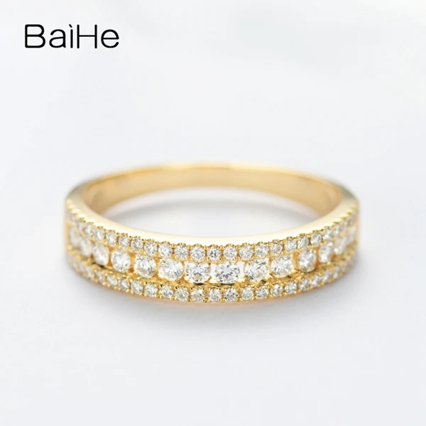 BAIHE Solid 14 K желтое золото 0.60ct Сертифицированный H/SI круглый вырез натуральные Алмазы обручальные женские модные элегантные кольца