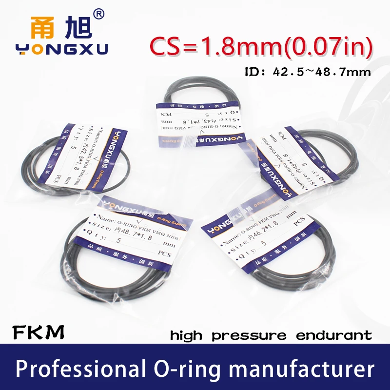 

2PCS/lot Black FKM Fluorine Rubber O-rings Seals CS1.8mm ID42.5/43.7/45/46.2/48.7*1.8mm O Ring Seal Gasket Rings Sealing Washer