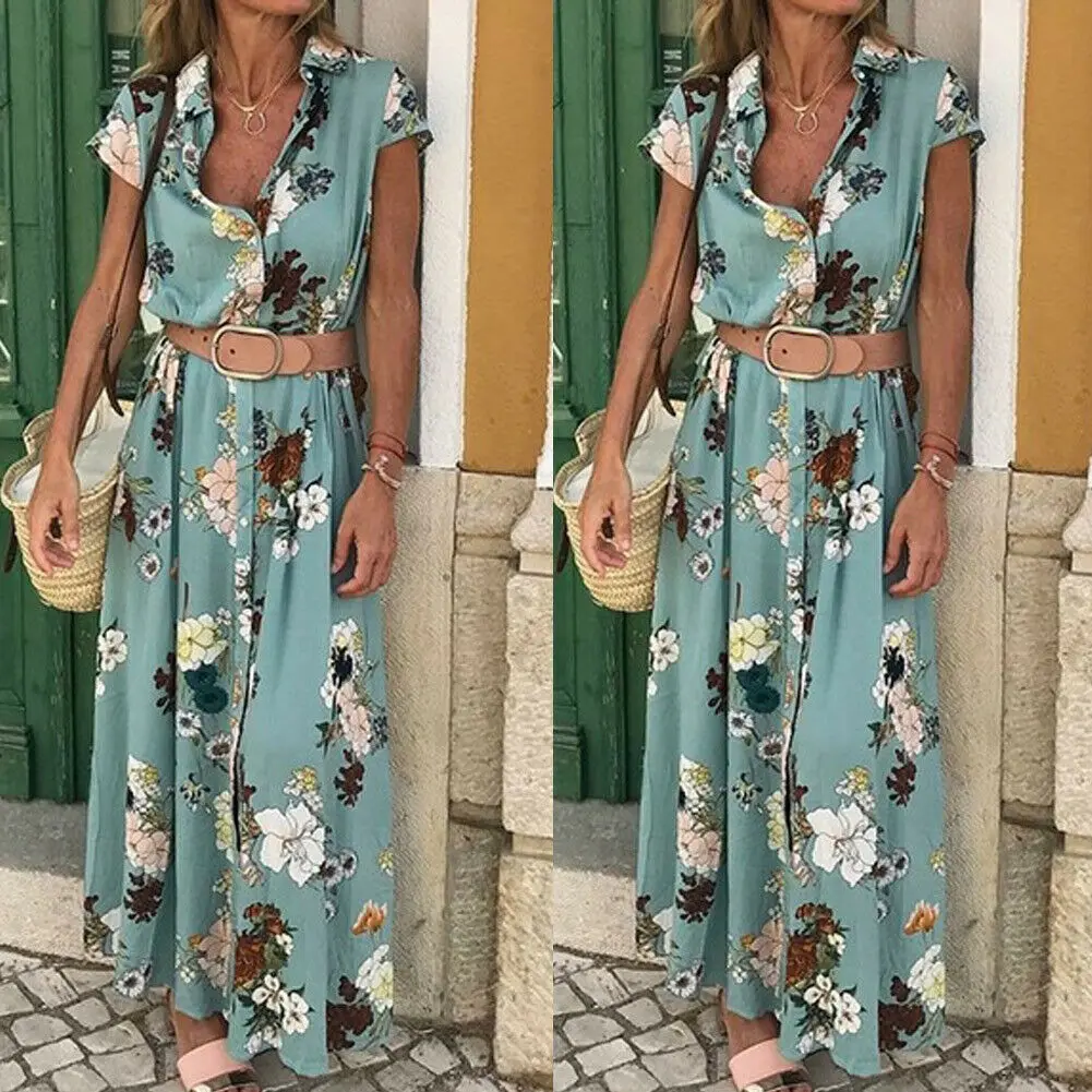 Женское платье-Макси Boho Летнее Длинное Платье с отложным воротником и цветочным