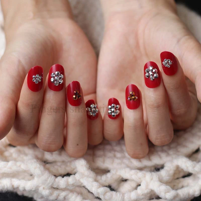 The latest popular full diamond crystal round head candy color handmade fake nails Rich red W15 | Красота и здоровье