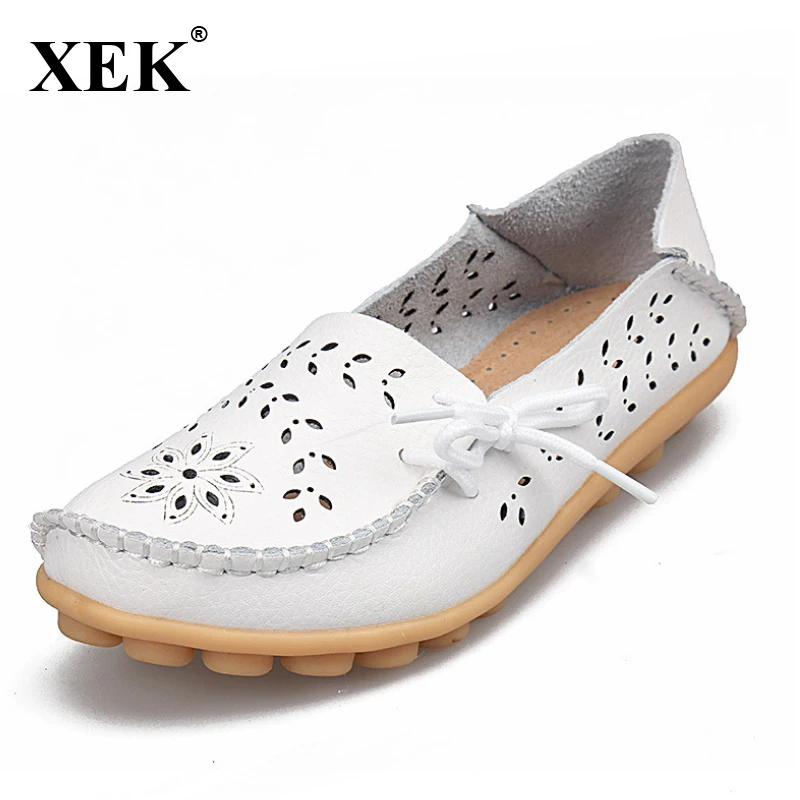 

XEK Women's Casual Genuine Leather Shoes Woman Loafers Slip-On Female Flats Moccasins Ladies Driving Shoe Cut-Outs Mother WFQ102