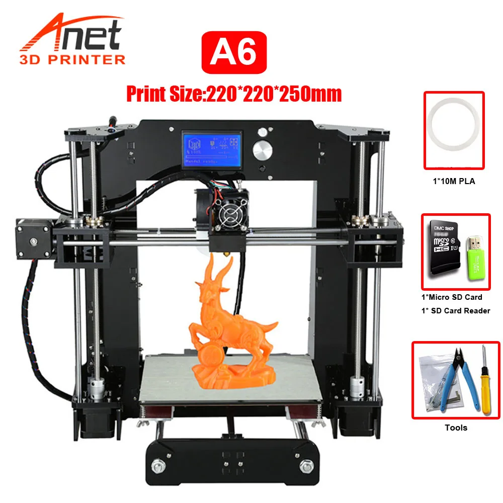 Настольный 3D принтер Anet A6 высокоточный акриловый Reprap Prusa i3 DIY3D 16 ГБ sd карта ЖК