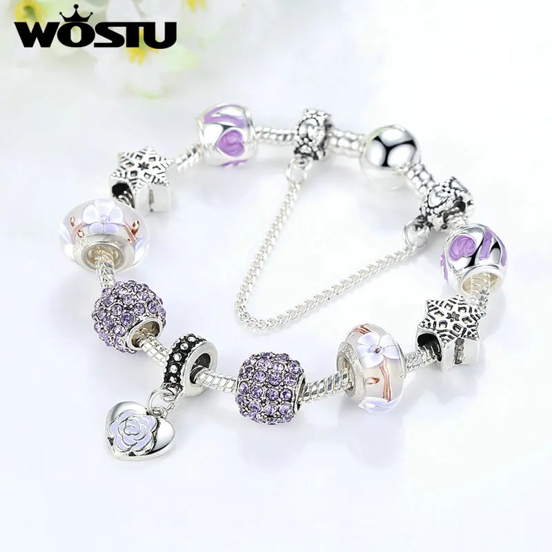 WOSTU новый модный Серебряный Фиолетовый гламурный браслет для женщин хорошее