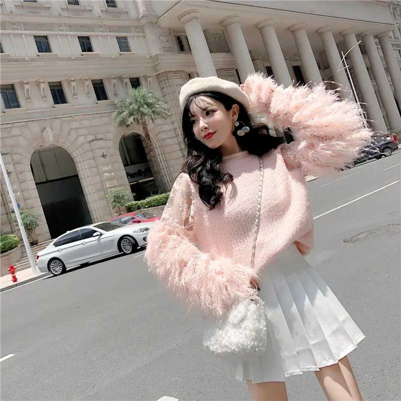 Tassel Mesh Patchwork Fluffy Women Sweaters 2018 Autumn Winter Crochet Cashmere Elegant Pullovers Sweet Knitted Sweater 1214 | Женская