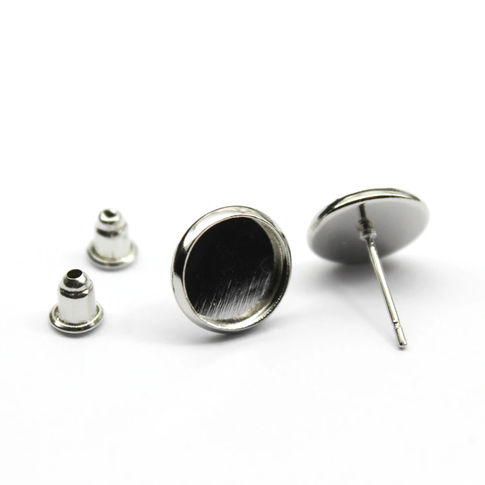 10 мм серьги-гвоздики круглые медные посеребренные стеклянные кабошоны основа