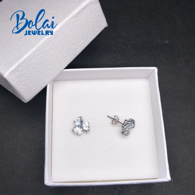 Bolaijewelry серьги в форме сердца с натуральным бразильским аквамарином драгоценные