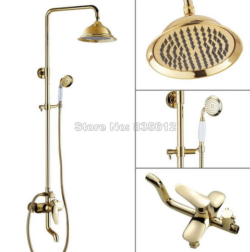 

Wall Mounted Luxury Rain Shower Faucet Set /Bathroom Gold Color Brass Single Handle Bathtub Mixer Tap + Handheld Shower Wgf313