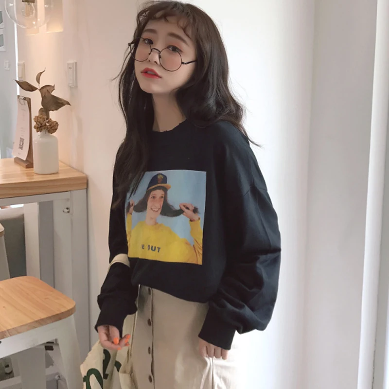 Для женщин печати oversize свитшот женские корейские с круглым вырезом свитер