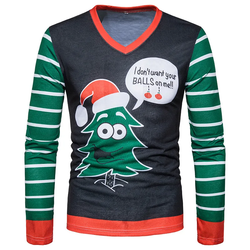 2018 new foreign trade men's wear simple casual fashion 3D Christmas tree v-neck printing large size long sleeve T shirt | Мужская