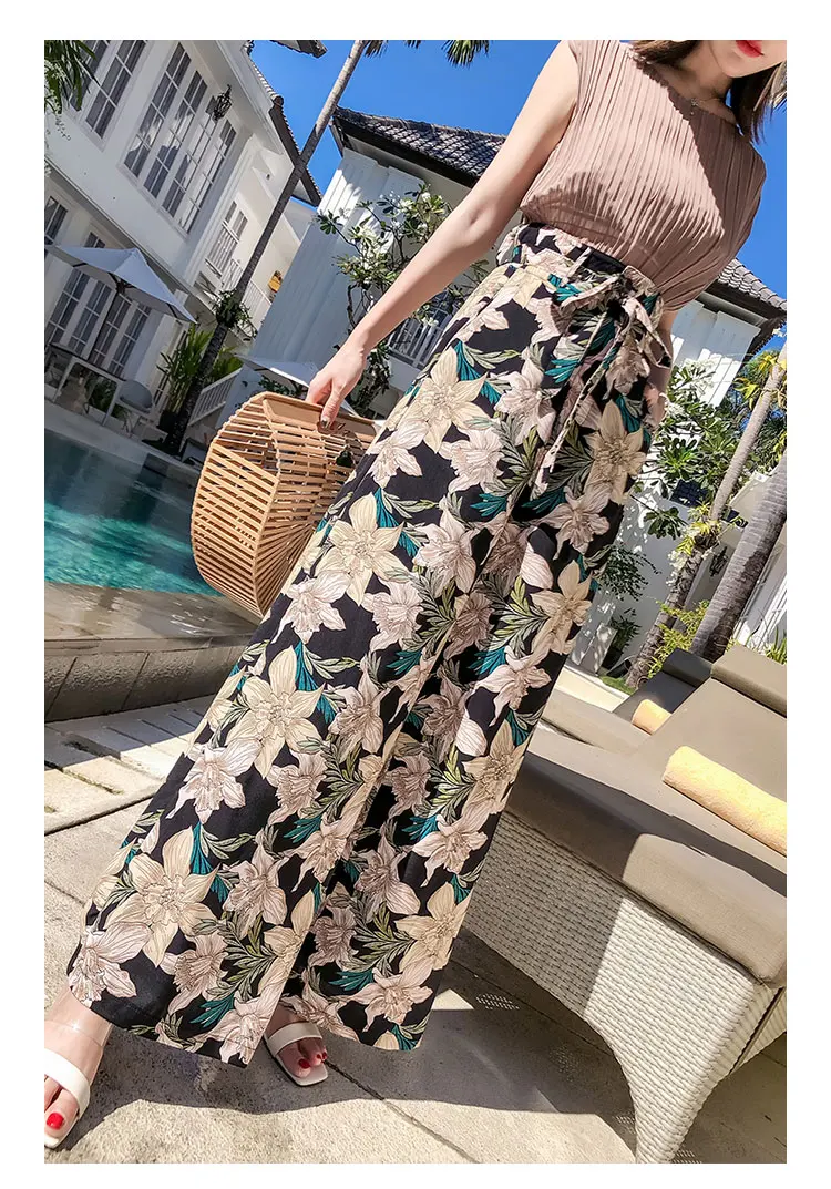 Летние новые винтажные Свободные Штаны Boho с высокой талией, свободные длинные женские брюки с цветочным принтом, повседневные женские пляжные штаны для отдыха