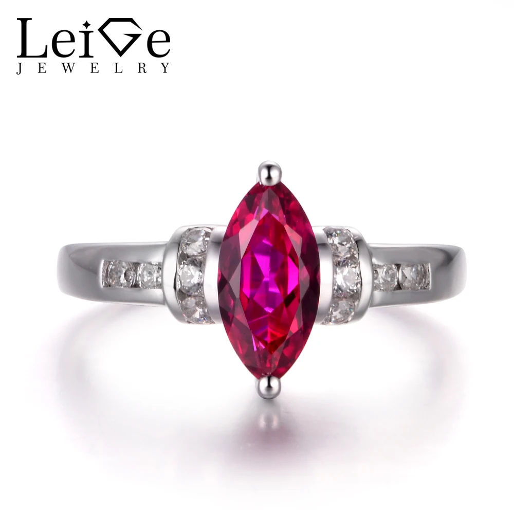 

LeiGe Jewelry Ruby Wedding Rings July Birthstone Rings Marquise Cut Red Gemstone Ring 925 Sterling Silver Romantic Gifts for Her