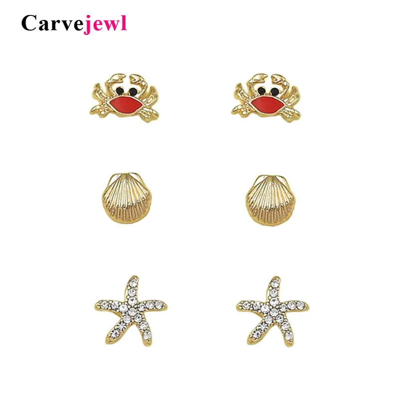 

Carvejewl 3 pairs per card sea animal stud earrings enamel crab shell rhinestone starfish simple small earring for women jewelry