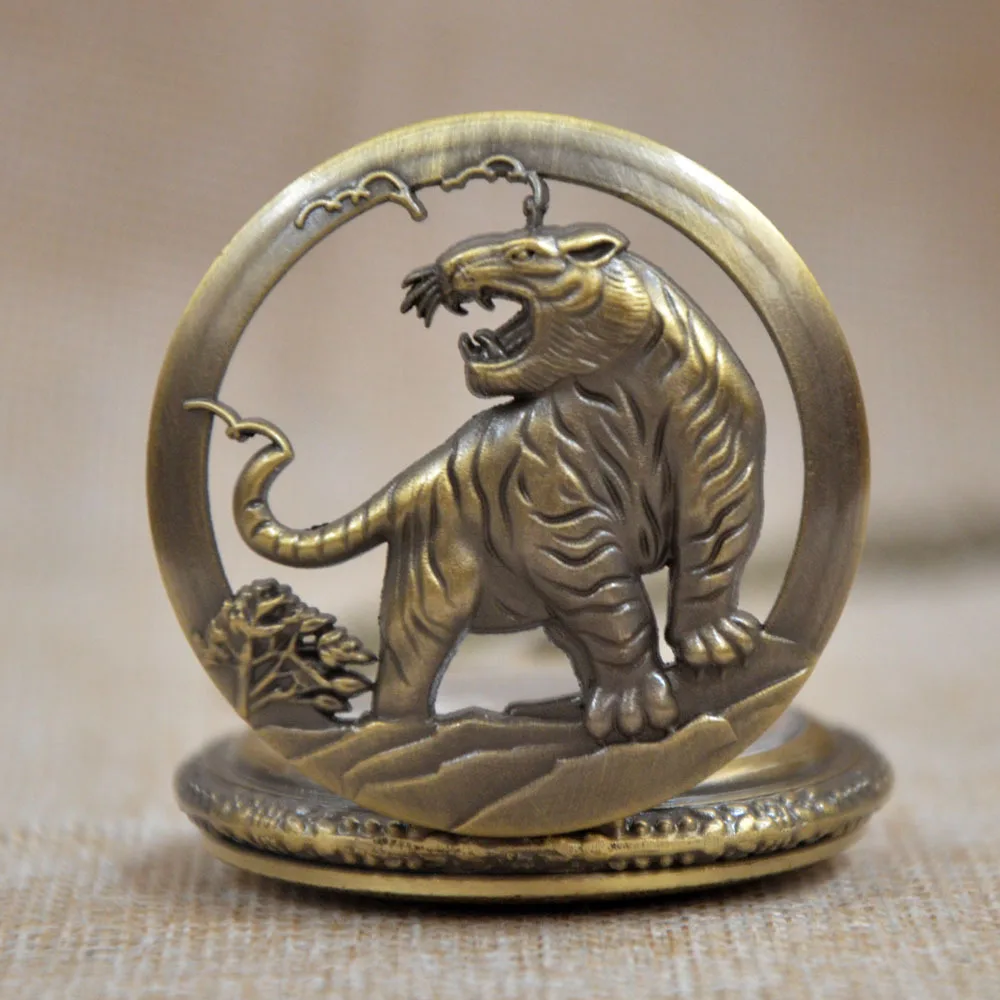 Ретро Бронзовый Китайский 12 зодиака Тигр Hollow кварц карманные часы Analog подвеска