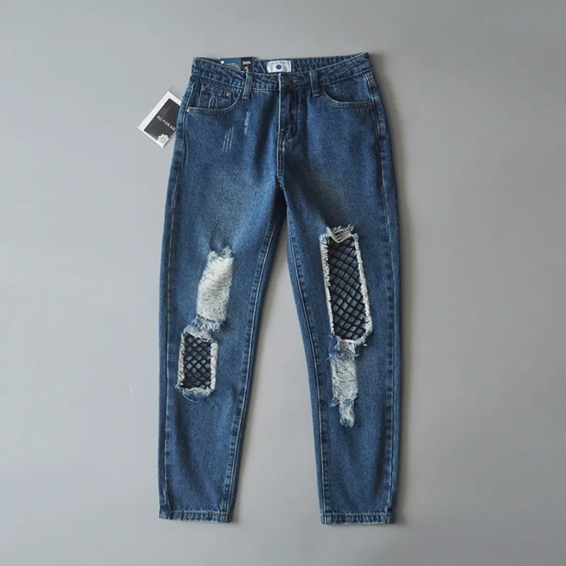 2019 women clothing Mid waist hole mesh spliced washed cotton jeans Female casual loose denim capris straight pants K2342 | Женская