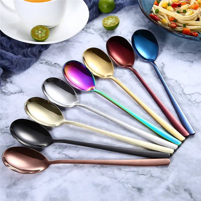 

1 Pcs Quality Stainless Steel Colorful Long Handle Spoons Household Flatware Ice Cream Dessert Coffee Tea Spoon Kitchen Gadgets