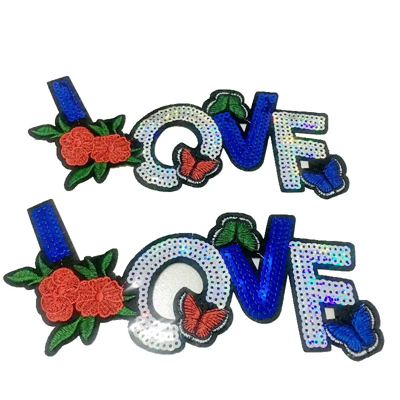 

2pcs Flower LOVE Sequined Patches For Clothing Iron On Patches Clothes 18.5*8.5cm DIY Embroidery Sewing Paste Decoration